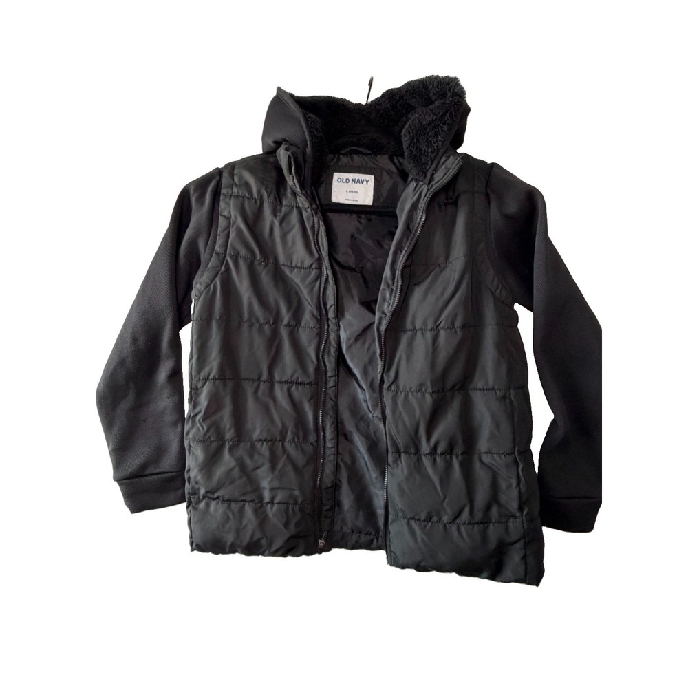 Old Navy Boys Puffer Jacket Size L 10-12 Black Fleece Lined Full Zip Winter
